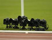 22 August 2004; Photographers cameras at the finish line of the Men's 100m Final. Olympic Stadium. Games of the XXVIII Olympiad, Athens Summer Olympics Games 2004, Athens, Greece. Picture credit; Brendan Moran / SPORTSFILE