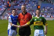 29 August 2004; Kerry captain Shane Murphy shakes hands with Laois captain Craig Rogers in the company of match referee Jimmy White before the start of the game. All-Ireland Minor Football Championship Semi-Final, Kerry v Laois, Croke Park, Dublin. Picture credit; Brian Lawless / SPORTSFILE