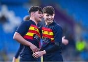 21 January 2025; Oisin Ivory, right, and Federico Ascoli of Temple Carrig celebrate after their side's victory in the Bank of Ireland Leinster Rugby Boys Schools Vinnie Murray Cup Semi-Final match between Temple Carrig School and Naas CBS at Energia Park in Dublin. Photo by Tyler Miller/Sportsfile