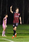 21 January 2025; Liam Smith of Bohemians celebrates after scoring his side's first goal during the Leinster Senior Cup match between UCD and Bohemians at UCD Bowl in Belfield, Dublin. Photo by Thomas Flinkow/Sportsfile