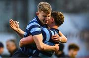 22 January 2025; St Vincent’s Castleknock captain Alex Tilly, left, celebrates with team-mate Jonny Ginnety after their side's victory in the Bank of Ireland Leinster Rugby Boys Schools Senior Cup first round match between Kilkenny College and St Vincent’s Castleknock at Energia Park in Dublin. Photo by Shauna Clinton/Sportsfile