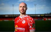 23 January 2025; Shelbourne FC’s new signing Kerr McInroy stands for a portrait during his unveiling at Tolka Park in Dublin. Photo by Seb Daly/Sportsfile