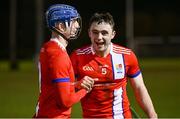 23 January 2025; MTU Cork players Diarmuid Healy, left, and Sam Fitzgerald after their side's victory in the Electric Ireland Higher Education GAA Fitzgibbon Cup round two match between University College Dublin and Munster Technological University Cork at Billings Park in Belfield, Dublin. Photo by Seb Daly/Sportsfile