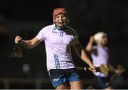 23 January 2025; Cillian Hackett of Maynooth University celebrates after scoring his side's first goal during the Electric Ireland Higher Education GAA Fitzgibbon Cup round two match between Dublin City University DÉ and Maynooth University at the Dublin City University Sportsgrounds in Dublin. Photo by Thomas Flinkow/Sportsfile