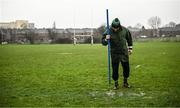 26 January 2025; Boyne RFC director of rugby James O'Neill tends to the pitch before the postponement of the Bank of Ireland Provincial Towns Cup Round 1 match between Boyne RFC and North Kildare RFC at Shamrock Lodge in Drogheda, Louth. Photo by Seb Daly/Sportsfile