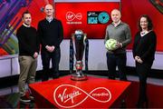 27 January 2025; Virgin Media Television has today announced a new four-year landmark broadcast agreement with the League of Ireland. The agreement will see Virgin Media Television become the sole and exclusive free to air broadcaster of the SSE Airtricity Men’s Premier Division. Virgin Media Television will broadcast 36 matches with a live fixture each round of the season. Pictured at the announcement at Virgin Media Television Studios are, from left, League of Ireland Director Mark Scanlon, Virgin Media Television Director of News and Sport Mick McCaffrey, FAI Commercial Director Sean Kavanagh and Virgin Media Television Managing Director Áine Ní Chaoindealbháin. Photo by Stephen McCarthy/Sportsfile