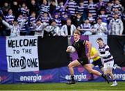 27 January 2025; Alvaro Swords of Terenure College on his way to scoring his side's second and match winning try during the Bank of Ireland Leinster Rugby Boys Schools Senior Cup first round match between Terenure College and Clongowes Wood College at Energia Park in Dublin. Photo by David Fitzgerald/Sportsfile