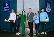 29 January 2025; UPMC has been unveiled as the official healthcare partner of Dublin GAA during an event at Parnell Park, Dublin. Pictured at the announcement at Parnell Park in Dublin are UPMC Managing Director Eamonn Fitzgerald, and UPMC Sports Surgery Clinic Santry General Manager Fiona Roche, with Dublin players from left, hurler Darragh Power, camogie player Zoe Couch, ladies footballer Niamh Donlon and footballer David Byrne. Photo by Sam Barnes/Sportsfile