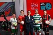 29 January 2025; Presenter Tommy Martin with, from left, Evan McLaughlin of Cork City, Harry Wood of Shelbourne, Roberto Lopes of Shamrock Rovers and Adam McDonnell of Bohemian FC as Virgin Media Television announced its opening live fixtures for the 2025 SSE Airtricity Men’s Premier Division. Games to be shown live on Virgin Media Play and Virgin Media Two: Shelbourne vs Derry City on Friday, February 14th, Bohemian FC vs Shamrock Rovers on Sunday, February 16th, Galway United vs St Patrick’s Athletic on Friday, February 21st, Shelbourne vs Shamrock Rovers on Friday, February 28th, Waterford vs Cork City on Monday, March 3rd. For more up to date fixtures, please visit https://www.virginmediatelevision.ie/tv-guide. Photo by David Fitzgerald/Sportsfile