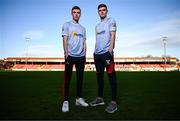 30 January 2025; Daniel Kelly, left, and Sean Gannon pose for a portrait during the Shelbourne FC Away Jersey 2025 launch media event at Tolka Park in Dublin. Photo by Ben McShane/Sportsfile