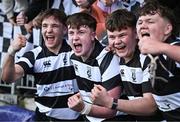 30 January 2025; Cistercian College Roscrea players celebrate after their side's victory in the Bank of Ireland Leinster Rugby Boys Schools Senior Cup first round match between Cistercian College, Roscrea and Presentation College, Bray at Energia Park in Dublin. Photo by Sam Barnes/Sportsfile