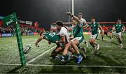 30 January 2025; Charlie Molony of Ireland loses possession short of the try line as he is tackled by Josh Bellamy of England during the U20 Six Nations Rugby Championship match between Ireland and England at Virgin Media Park in Cork. Photo by Brendan Moran/Sportsfile