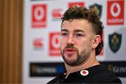 31 January 2025; Captain Caelan Doris speaking during a press conference after an Ireland rugby captain's run at the Aviva Stadium in Dublin. Photo by Sam Barnes/Sportsfile