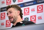 31 January 2025; Captain Caelan Doris speaking during a press conference after an Ireland rugby captain's run at the Aviva Stadium in Dublin. Photo by Sam Barnes/Sportsfile