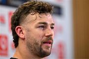 31 January 2025; Captain Caelan Doris speaking during a press conference after an Ireland rugby captain's run at the Aviva Stadium in Dublin. Photo by Sam Barnes/Sportsfile