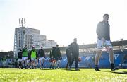 31 January 2025; The Wesley College team make their way out for the warm-ups before the Bank of Ireland Leinster Rugby Boys Schools Senior Cup first round match between Belvedere College and Wesley College at Energia Park in Dublin. Photo by Tyler Miller/Sportsfile