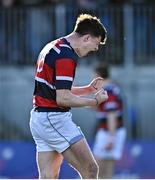 31 January 2025; Max Colbert of Wesley College celebrates a turnover in possession during the Bank of Ireland Leinster Rugby Boys Schools Senior Cup first round match between Belvedere College and Wesley College at Energia Park in Dublin. Photo by Tyler Miller/Sportsfile