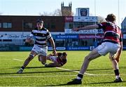 31 January 2025; Paul Dunne of Belvedere College on his way to scoring his side's first try during the Bank of Ireland Leinster Rugby Boys Schools Senior Cup first round match between Belvedere College and Wesley College at Energia Park in Dublin. Photo by Tyler Miller/Sportsfile