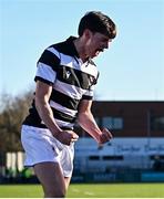 31 January 2025; Matthew Mason of Belvedere College celebrates after team-mate Paul Dunne, not pictured, scores their side's first try during the Bank of Ireland Leinster Rugby Boys Schools Senior Cup first round match between Belvedere College and Wesley College at Energia Park in Dublin. Photo by Tyler Miller/Sportsfile