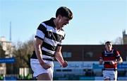 31 January 2025; Matthew Mason of Belvedere College celebrates after team-mate Paul Dunne, not pictured, scores their side's first try during the Bank of Ireland Leinster Rugby Boys Schools Senior Cup first round match between Belvedere College and Wesley College at Energia Park in Dublin. Photo by Tyler Miller/Sportsfile