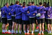 31 January 2025; England captain Maro Itoje speaks to his players in a huddle during an England rugby captain's run at the Aviva Stadium in Dublin. Photo by Sam Barnes/Sportsfile