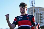 31 January 2025; Max Colbert of Wesley College celebrates after scoring his side a try during the Bank of Ireland Leinster Rugby Boys Schools Senior Cup first round match between Belvedere College and Wesley College at Energia Park in Dublin. Photo by Tyler Miller/Sportsfile