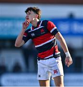 31 January 2025; Charlie Hempenstall of Wesley College shushes the crowd after kicking a conversion during the Bank of Ireland Leinster Rugby Boys Schools Senior Cup first round match between Belvedere College and Wesley College at Energia Park in Dublin. Photo by Tyler Miller/Sportsfile