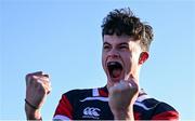 31 January 2025; Max Colbert of Wesley College celebrates after scoring his side a try during the Bank of Ireland Leinster Rugby Boys Schools Senior Cup first round match between Belvedere College and Wesley College at Energia Park in Dublin. Photo by Tyler Miller/Sportsfile