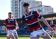 31 January 2025; Max Colbert of Wesley College celebrates after scoring his side a try during the Bank of Ireland Leinster Rugby Boys Schools Senior Cup first round match between Belvedere College and Wesley College at Energia Park in Dublin. Photo by Tyler Miller/Sportsfile