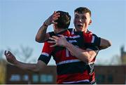 31 January 2025; Max Colbert of Wesley College, left, celebrates with team-mate Louis L'Estrange after scoring his side a try during the Bank of Ireland Leinster Rugby Boys Schools Senior Cup first round match between Belvedere College and Wesley College at Energia Park in Dublin. Photo by Tyler Miller/Sportsfile