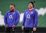 31 January 2025; Ben Spencer, right, and Ollie Lawrence share a joke during an England rugby captain's run at the Aviva Stadium in Dublin. Photo by Sam Barnes/Sportsfile