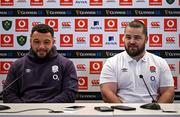 31 January 2025; England scrum coach Tom Harrison, right, and Ellis Genge speaking in a press conference after an England rugby captain's run at the Aviva Stadium in Dublin. Photo by Sam Barnes/Sportsfile