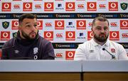 31 January 2025; England scrum coach Tom Harrison, right, and Ellis Genge speaking in a press conference after an England rugby captain's run at the Aviva Stadium in Dublin. Photo by Sam Barnes/Sportsfile