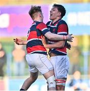 31 January 2025; Jack Freyne of Wesley College, right, and Thibault Campbell celebrate after the Bank of Ireland Leinster Rugby Boys Schools Senior Cup first round match between Belvedere College and Wesley College at Energia Park in Dublin. Photo by Tyler Miller/Sportsfile