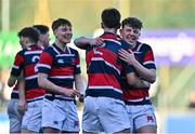 31 January 2025; Evan Caddow of Wesley College, right, and Nathan Heatley celebrate after the Bank of Ireland Leinster Rugby Boys Schools Senior Cup first round match between Belvedere College and Wesley College at Energia Park in Dublin. Photo by Tyler Miller/Sportsfile