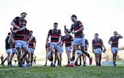 31 January 2025; The Wesley College team celebrate after the Bank of Ireland Leinster Rugby Boys Schools Senior Cup first round match between Belvedere College and Wesley College at Energia Park in Dublin. Photo by Tyler Miller/Sportsfile