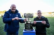 31 January 2025; Leinster head of rugby development Philip Lawlor, left, holds the name of Terenure College and Leinster chairperson of schools rugby holds the name of Wesley College to the reveal the names for the Senior Schools cup games during the Bank of Ireland Leinster Rugby Boys Schools Senior Cup Second Round Draw at Energia Park in Dublin. Photo by Tyler Miller/Sportsfile