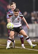 31 January 2025; Leo Gaxha of Dundalk in action against Conor Kane of Drogheda United during the Jim Malone Cup match between Dundalk and Drogheda United at Oriel Park in Dundalk, Louth. Photo by Piaras Ó Mídheach/Sportsfile