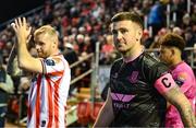 31 January 2025; Ballymena United captain Patrick McEleney leads his side out for the pre-season friendly match between Derry City and Ballymena United at the Ryan McBride Brandywell Stadium in Derry. Photo by Stephen McCarthy/Sportsfile