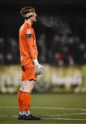 31 January 2025; Dundalk goalkeeper Enda Minogue, wearing a protective facemask, during the Jim Malone Cup match between Dundalk and Drogheda United at Oriel Park in Dundalk, Louth. Photo by Piaras Ó Mídheach/Sportsfile