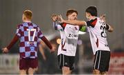 31 January 2025; Aodh Dervin of Dundalk celebrates with team-mate Andy Paraschiv, right, after their side's victory in the Jim Malone Cup match between Dundalk and Drogheda United at Oriel Park in Dundalk, Louth. Photo by Piaras Ó Mídheach/Sportsfile