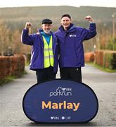 1 February 2025; Parkrun founder Paul Sinton-Hewitt and Vhi ambassador and Olympian David Gillick at the Marlay Park parkrun at Marlay Park in Dublin where Vhi hosted a special event to welcome parkrun founder Paul Sinton-Hewitt. Vhi ambassador and Olympian David Gillick was on hand to deliver a warm-up for all participants. parkrun in partnership with Vhi support local communities in organising free, weekly, timed 5km runs every Saturday at 9.30am. To register for a parkrun near you visit www.parkrun.ie. Photo by David Fitzgerald/Sportsfile