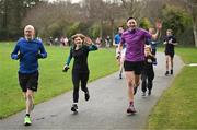 1 February 2025; Vhi ambassador and Olympian David Gillick in action with participants at the Marlay Park parkrun at Marlay Park in Dublin where Vhi hosted a special event to welcome parkrun founder Paul Sinton-Hewitt. Vhi ambassador and Olympian David Gillick was on hand to deliver a warm-up for all participants. parkrun in partnership with Vhi support local communities in organising free, weekly, timed 5km runs every Saturday at 9.30am. To register for a parkrun near you visit www.parkrun.ie. Photo by David Fitzgerald/Sportsfile