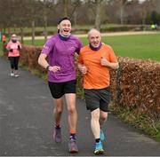 1 February 2025; Vhi ambassador and Olympian David Gillick with participants at the Marlay Park parkrun at Marlay Park in Dublin where Vhi hosted a special event to welcome parkrun founder Paul Sinton-Hewitt. Vhi ambassador and Olympian David Gillick was on hand to deliver a warm-up for all participants. parkrun in partnership with Vhi support local communities in organising free, weekly, timed 5km runs every Saturday at 9.30am. To register for a parkrun near you visit www.parkrun.ie. Photo by David Fitzgerald/Sportsfile