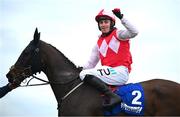 1 February 2025; Keith Donoghue celebrates on Hello Neighbour after winning the Gannon`s City Recovery & Recycling Services Juvenile Hurdle during day one of the Dublin Racing Festival at Leopardstown Racecourse in Dublin. Photo by Shauna Clinton/Sportsfile