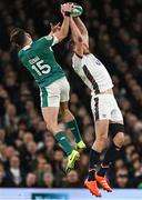 1 February 2025; Hugo Keenan of Ireland in action against Freddie Steward of England during the Guinness Six Nations Rugby Championship match between Ireland and England at Aviva Stadium in Dublin. Photo by Brendan Moran/Sportsfile