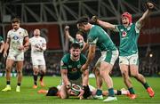 1 February 2025; Dan Sheehan of Ireland celebrates after scoring his side's fourth try during the Guinness Six Nations Rugby Championship match between Ireland and England at Aviva Stadium in Dublin. Photo by Brendan Moran/Sportsfile