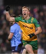 1 February 2025; Oisín Gallen of Donegal celebrates a late second half score during the Allianz Football League Division 1 match between Donegal and Dublin at MacCumhaill Park in Ballybofey, Donegal. Photo by Stephen McCarthy/Sportsfile