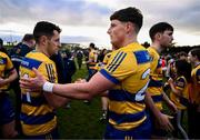 2 February 2025; Conor Cox, right, and Ciarain Murtagh of Roscommon celebrate after their side's victory in the Allianz Football League Division 2 match between Louth and Roscommon at Integral GAA Grounds in Drogheda, Louth. Photo by Ben McShane/Sportsfile