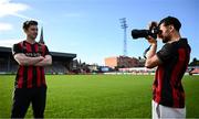 4 February 2025; Bohemians player Connor Parsons, right, takes a picture of fellow new signing Alex Lacey during their unveiling at Bohemian FC offices in Dublin. Photo by Piaras Ó Mídheach/Sportsfile